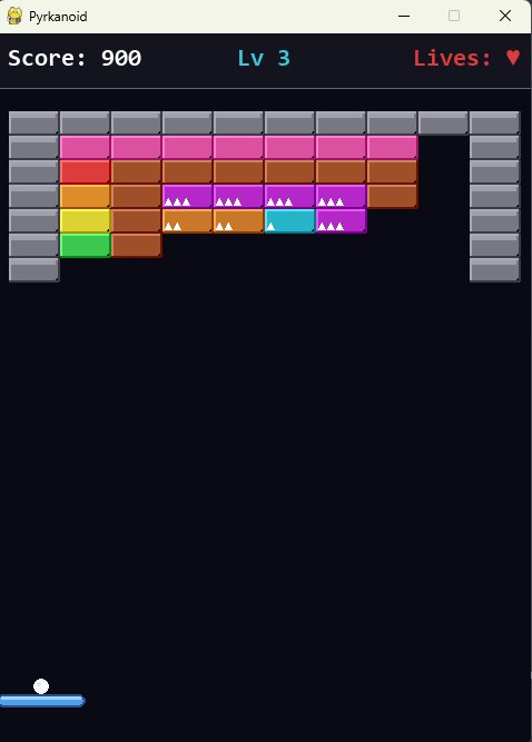 Capture d'écran de Pyrkanoid, clone d'Arkanoid créé en Python avec Pygame : briques colorées, raquette, balle et panneau de score