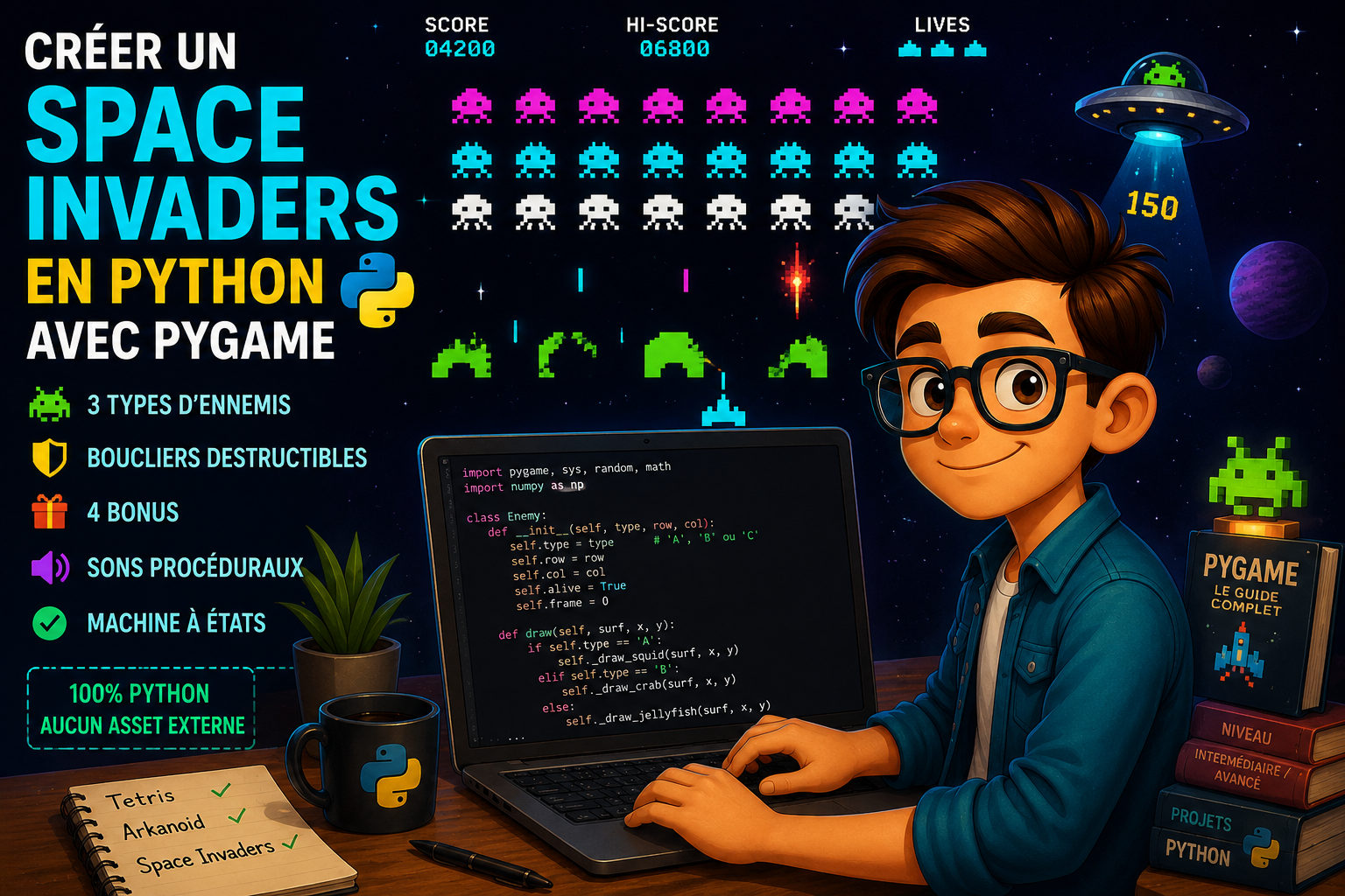 Illustration du tutoriel créer un Space Invaders en Python avec Pygame – 3 types d'ennemis, boucliers destructibles, sons procéduraux, niveau intermédiaire avancé
