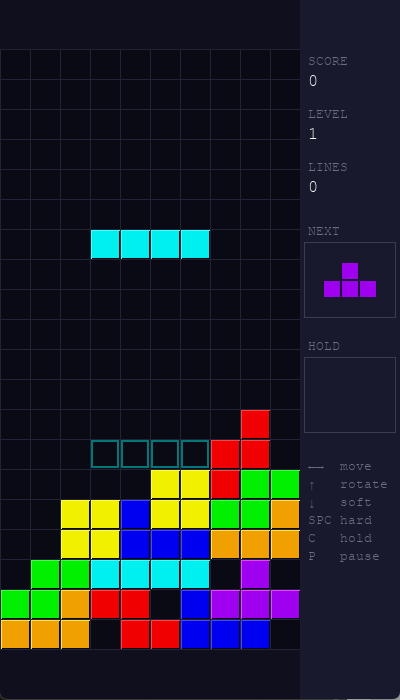 Capture d'écran du jeu Tetris créé en Python avec Pygame : plateau de jeu avec plusieurs tétrominos colorés, panneau latéral affichant le score, le niveau, la pièce suivante et les contrôles